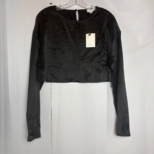 NWT MABLE Womens Black Satin Cropped Long Sleeve Shirt Top Size S Holiday Party